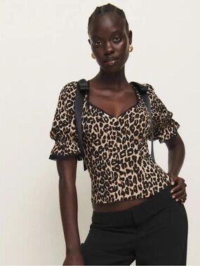 Reformation Leopard Inara Sweetheart Neck Puff Sleeve Satin Bow Detail Blouse
